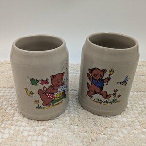 Pair of Adorable Stoneware Mugs / Steins Adorned with Vintage Style Bears